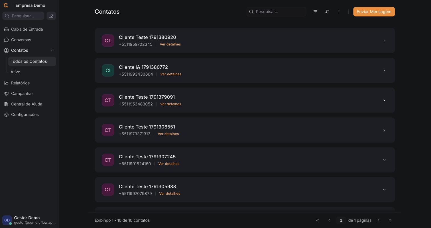 Lista de contatos com telefone e histórico